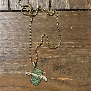 Gold and Green Winged Pendant Necklace